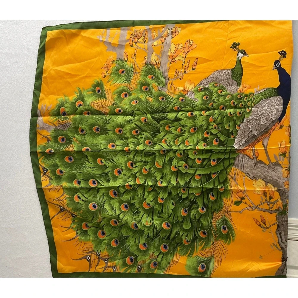 Large Peacock Floral Square Scarf Orange Green Satin Bird Print Boho Luxury